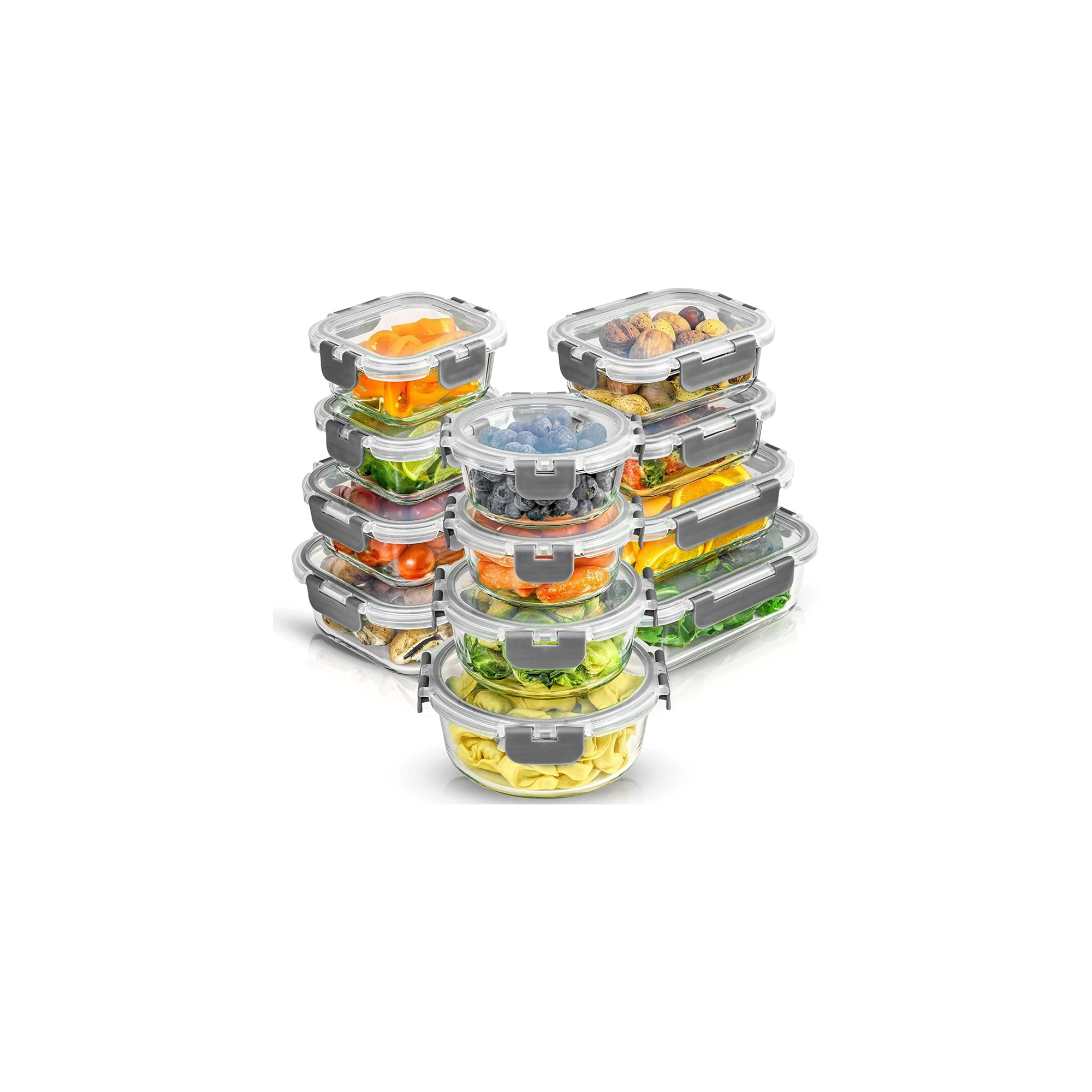 JoyFul by JoyJolt 24 Piece Glass Food Storage Containers with Leakproof Lids Set - Light Grey