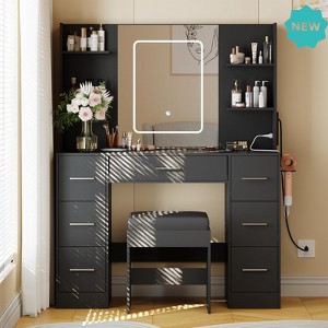 Jojoka Wooden Vanity Table Set with LED Mirror, Power Outlet, Hair Dryer Rack, 7 Drawers & 6 Shelves – Makeup Desk with Stool for Women - 1 of 4