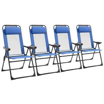 Outsunny Set of 4 Folding Patio Chairs, Camping Chairs with Adjustable Sling Back, Removable Headrest, Armrest for Garden, Backyard, Lawn, Blue