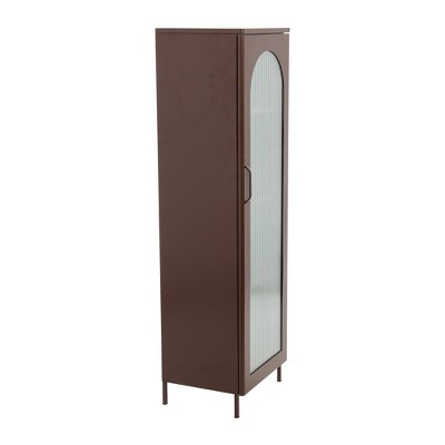 Vintage Brown Tall Metal Cabinet with Arched Glass Door and Adjustable Shelves