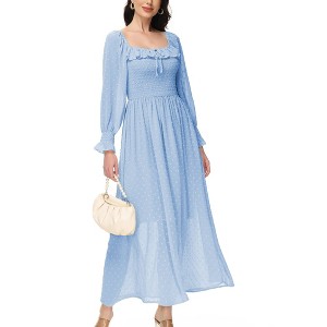 Anna-Kaci Women's Smocked Long Sleeve Swiss Dot Lined Maxi Tie Neck Square Detail Dress - 1 of 4