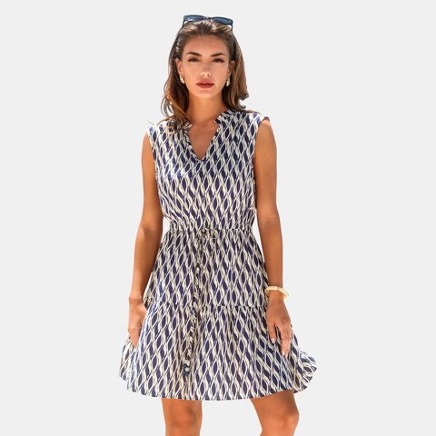 Женские платья Cupshe Women's Nautical Ikat Print Sleeveless Fit and Flare Dress-M-Blue