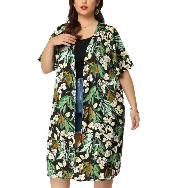 Agnes Orinda Women's Plus Size Floral Short Sleeve Split Hem Hawaiian Beach Casual Cardigans, 2 of 7