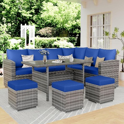 GustoWave 7-Piece Outdoor Patio Furniture Set, 9-Seater PE Rattan with Dining Table and Ottomans, for Garden, Poolside, Backyard, Patio,Blue