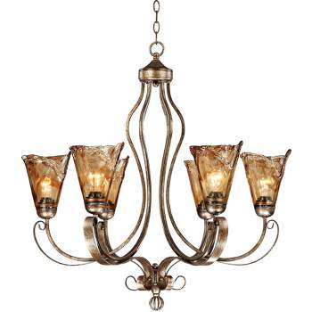 Franklin Iron Works Amber Scroll Golden Bronze Large Chandelier 31 1/2" Wide Rustic Art Glass 6-Light Fixture for Dining Room House Kitchen Island