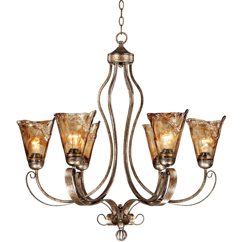 Franklin Iron Works Amber Scroll Golden Bronze Large Chandelier 31 1/2" Wide Rustic Art Glass 6-Light Fixture for Dining Room House Kitchen Island, 1 of 9