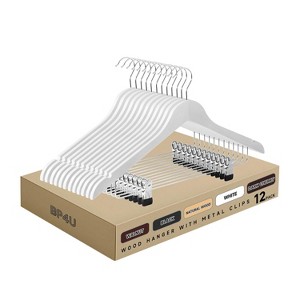 BP4U 12 Pack Premium Wooden Suit Hangers with Adjustable Clips, Solid Wood Skirt & Pant Hangers with 360° Swivel Hook, Space-Saving Design - 1 of 4