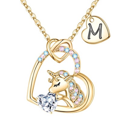 Turandoss Gold Heart Unicorn Necklace for Girls - Initial Zircon Pendant Necklace for Kids 4 -13 Year Old, Unicorn Birthday Gifts for Girls, 18+2.5In