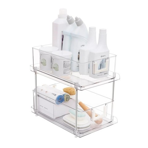 J&V TEXTILES 2 Tier Clear Organizer with Dividers for Cabinet/Counter, MultiUse Slide-Out Storage Container - Kitchen, Pantry, Medicine Storage Bins