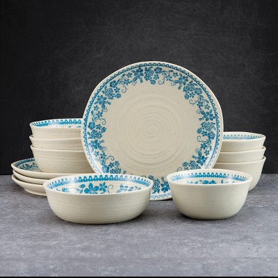 Hayden Blue Floral Ceramic 12-Piece Dinnerware Set, Service for 4