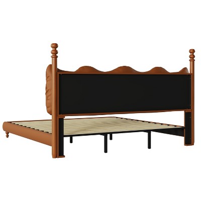 California King Coffee Faux Leather Upholstered Bed with Tufted Headboard