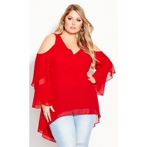 Women's Plus Size Hi Lo Cold Shoulder Top - Red | City Chic : Target