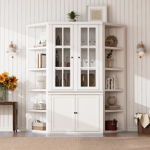 KWPZQEB 75.25''H Freestanding Pantry Cabinet,Farmhouse Bookshelves with Glass Doors&Lattice Window,Mid-Century Versatile Shelving Unit for Living Room - 1 of 4