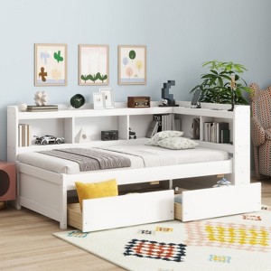 RISOKEYS Twin Size Daybed with Storage Drawers,L Shaped Wood Day Bed Frame with Bookcases,Corner Sofa Bed for Bedroom,No Box Spring Needed - 1 of 4