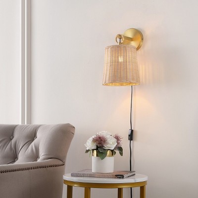 Elegant Brass and Rattan 10" Plug-In Wall Sconce Set