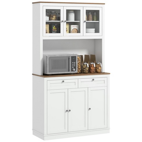 Homcom 71 Tall Kitchen Pantry Storage Cabinet With Microwave Stand 2 Drawers 5 Doors Adjule Shelves And Glass White Target