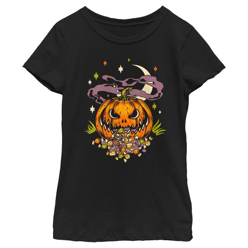 Girl's Lost Gods Halloween Jack-O'-Lantern Candy T-Shirt, 1 of 5