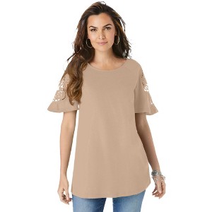 Roaman's Women's Plus Size Lace-Sleeve Tee - 1 of 4