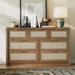 7 Drawer Dresser for Bedroom, Rattan Chest of Drawers with Gold Handle, 52"W Storage Dressers Organizer, Entryway Console Table - 1 of 4