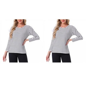 INSPIRE CHIC Women's 2 Pcs Cotton Contrast Stripe Pullover Top Long-Sleeve Lounge Pajama Blouse - 1 of 4