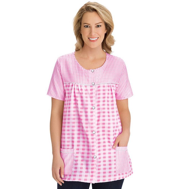 Collections Etc Seersucker Checkered Pattern Snap Front Top with Pockets, Lightweight Short-Sleeve Scoop Neckline Shirt, 3 of 4