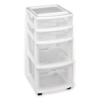 Homz Clear Plastic 4 Drawer Medium Home Organization Storage Container Tower w/2 Large and 2 Small Drawers, and Removeable Caster Wheels, White Frame