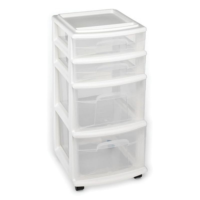 Homz Clear Plastic 4 Drawer Medium Home Organization Storage Container Tower w/2 Large and 2 Small Drawers, and Removeable Caster Wheels, White Frame, 1 of 8