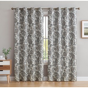 HLC.ME Amalfi Paisley Faux Silk 100% Blackout Thermal Lined Curtain Grommet Panels - Energy Efficient, Noise Reducing - Set of 2 - 1 of 4