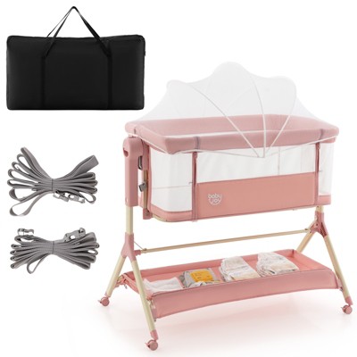 Safstar 3 in 1 Baby Bedside Bassinet w/Storage Basket, Universal Wheels, Adjustable Height, Mattress, Net & Portable Bag, Carriable Crib, Pink