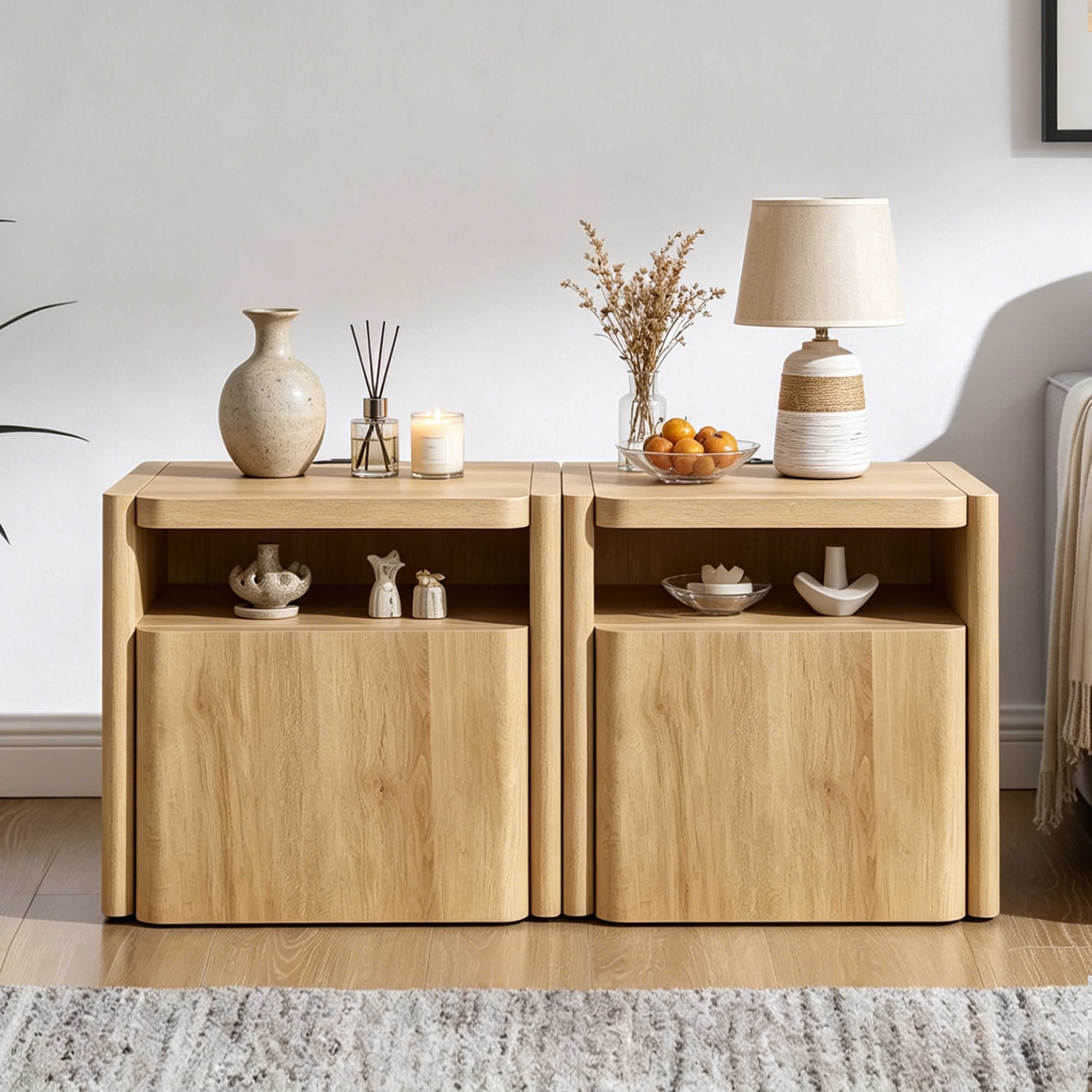Nightstand Set of 2 with Charging Station, 23" Modern Bedside Table with Storage Cabinet & Open Shelf, End Table for Bedroom, Natural