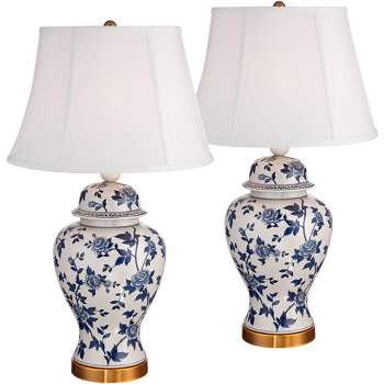 Barnes and Ivy Clarissa 25" High Traditional Table Lamps Set of 2 Blue and White Rose Vine Ceramic Living Room Bedroom Bedside Nightstand House Office