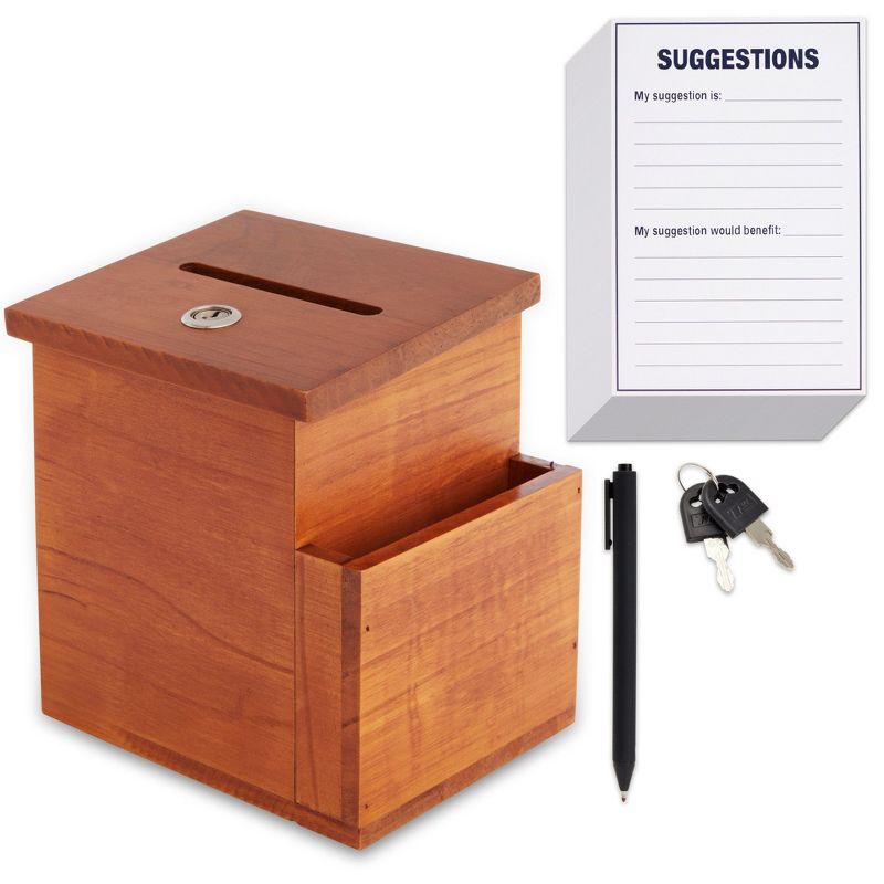 Juvale Wooden Suggestion Box with Lock and Keys, Brown Ballot Box with 50 Blank Suggestion Cards, Locking Lid and Side Slot for Donation, 7.5x7.1x5.5", 1 of 9