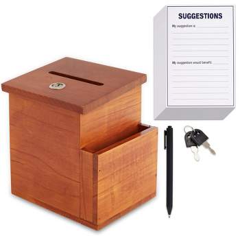 Juvale Wooden Suggestion Box with Lock and Keys, Brown Ballot Box with 50 Blank Suggestion Cards, Locking Lid and Side Slot for Donation, 7.5x7.1x5.5"