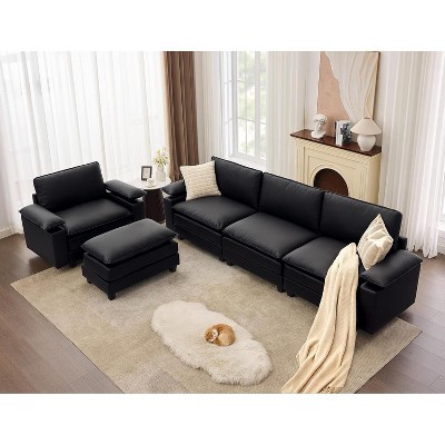 TYBOATLE 122" Leather Sectional Sofa Set, Comfy Modular Couch with Chairs, Deep Seat & Adjustable Armrest for Living Room, Apartment, Office, Studio