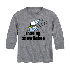 Boys' - Peanuts - Snoopy & Woodstock Chasing Snowflakes Christmas Long Sleeve Graphic T-Shirt - 1 of 4