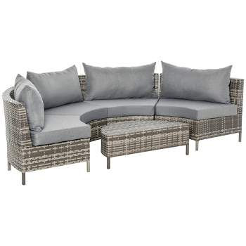 Outsunny 5-piece Half-Moon Outdoor Sectional Sofa, PE Rattan Wicker Furniture with Couch, Table & Cushions, Gray