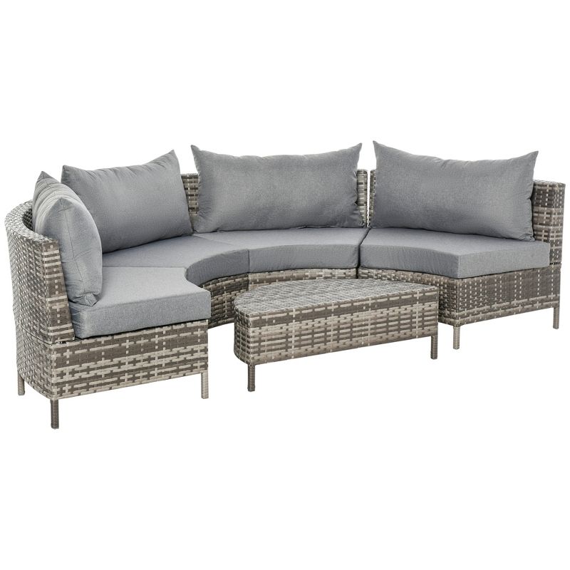Outsunny 5-piece Half-Moon Outdoor Sectional Sofa, PE Rattan Wicker Furniture with Couch, Table & Cushions, Gray, 1 of 9
