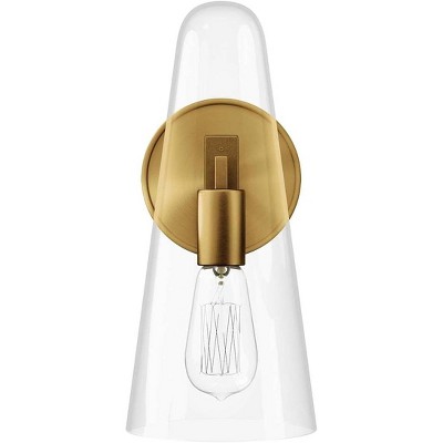 Sleek Satin Brass Beacon Wall Sconce with Clear Glass Shade