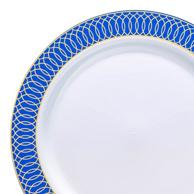 Smarty Had A Party 10.25" White w/ Gold Spiral Plastic Dinner Plates - 120 pcs