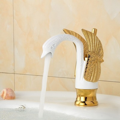 White and Gold Swan Single Hole Single-Handle Bathroom Faucet