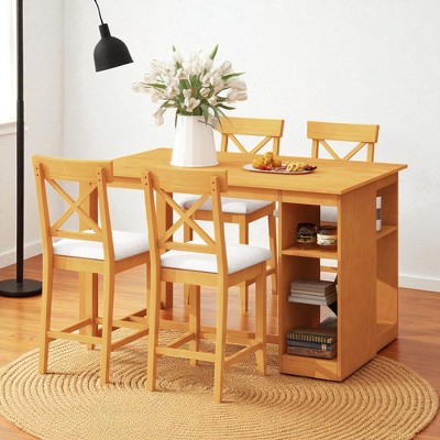 5-Piece Solid Wood Counter Height Dining Table Set with 3-Tier Storage Shelves and 4 Upholstered Cross-Back Chairs for Kitchen or Dining Room