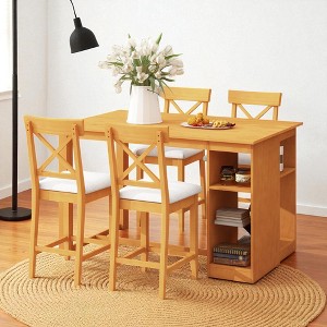 5-Piece Solid Wood Counter Height Dining Table Set with 3-Tier Storage Shelves and 4 Upholstered Cross-Back Chairs for Kitchen or Dining Room - 1 of 4