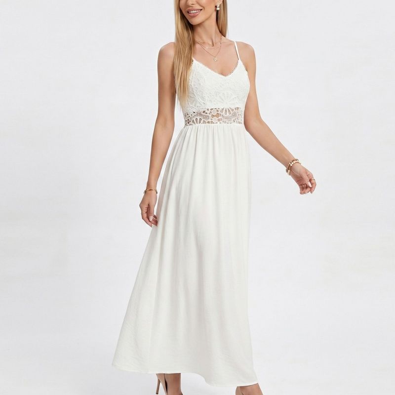 Anna-Kaci Women's Lace Bodice Maxi Dress with Spaghetti Straps and Flowy Skirt - Small, White