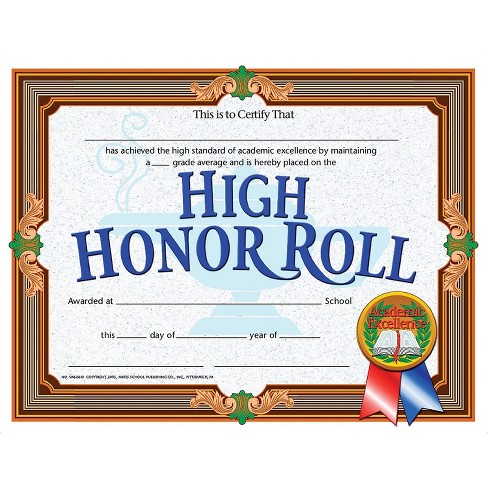 Hayes High Honor Roll Certificate 8.5