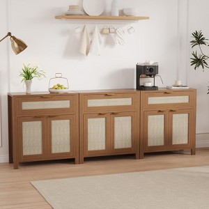 Rattan Sideboard Buffet Cabinet with Storage, Boho Credenza Cabinet with Drawer and Doors, Adjustable Shelves Accent Cabinets - 1 of 4