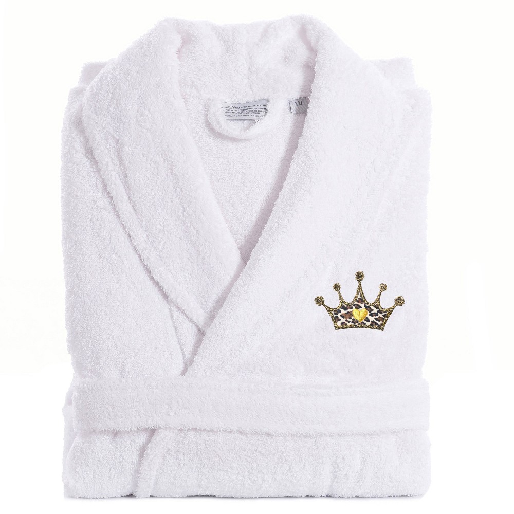 Photos - Other Textiles L/XL Terry Bathrobe with Cheetah Crown Embroidery White - Linum Home Texti