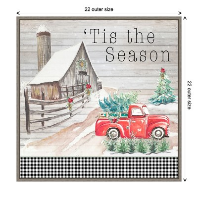 Christmas Red Truck and Barn Framed Canvas Wall Art