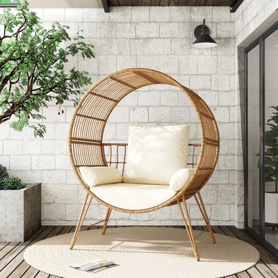 Brafab Wicker Round Egg Chair Patio Lounger with Steel Frame,350lb Capacity,Beige