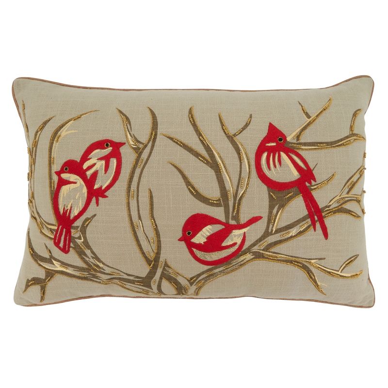 Saro Lifestyle Embroidered Bird + Branch Pillow - Down Filled, 14"x22" Oblong, Natural, 1 of 3