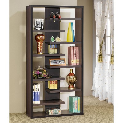 Cappuccino Contemporary 70.75'' Wood Bookcase with Staggered Shelves